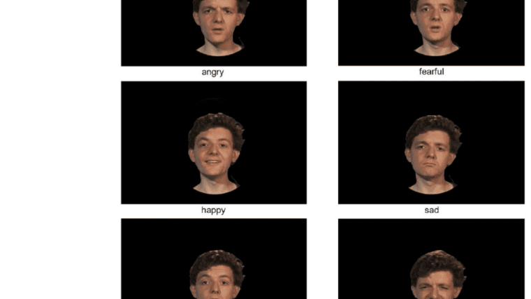 Screenshots of several speakers, described with an emotion