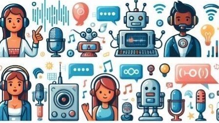 different humans and robots that are speaking, sound waves and symbols of voices and recordings