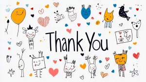 Der Schriftzug "Thank you" umgeben von verschiedenen Illustrationen