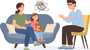 Mutter und Tochter sitzen einem Psychotherapeuten gegenüber