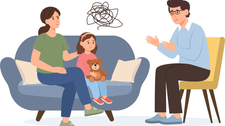 Mutter und Tochter sitzen einem Psychotherapeuten gegenüber