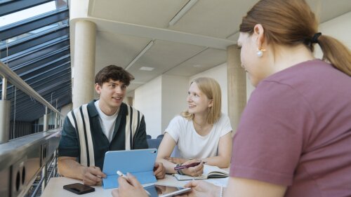 Personen sitzen am Tisch und unterhalten sich und lernen