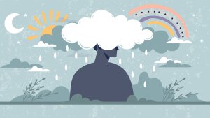 Illustration eines Menschen mit Regenwolken im Kopf