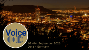 Logo of the VoiceID, Jena at night in the background