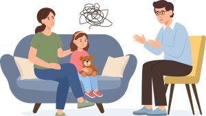 Mutter und Kind sprechen mit einem Psychotherapeuten