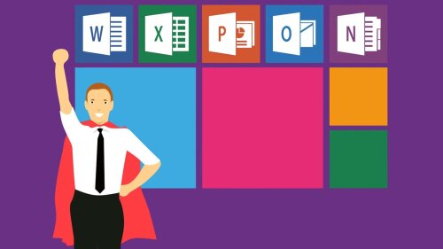 Mann mit Umhang vor den Symbolen der Software, die zu Office 365 gehört