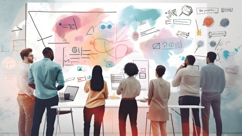 Mehrere Personen stehen vor einer Wand mit Forschungsinhalten