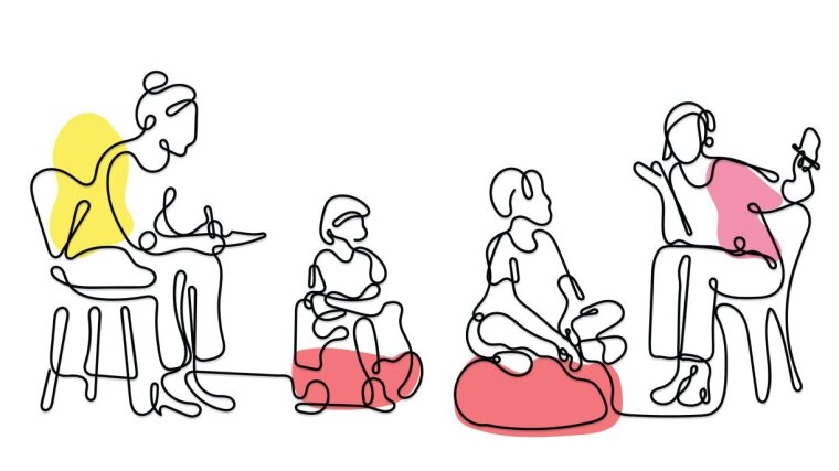 Kinder und Erwachsene sprechen miteinander