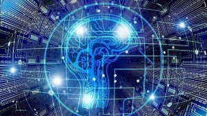 Ein leuchtendes digitales Gehirn auf einem Hintergrund aus komplexen Schaltkreisen.